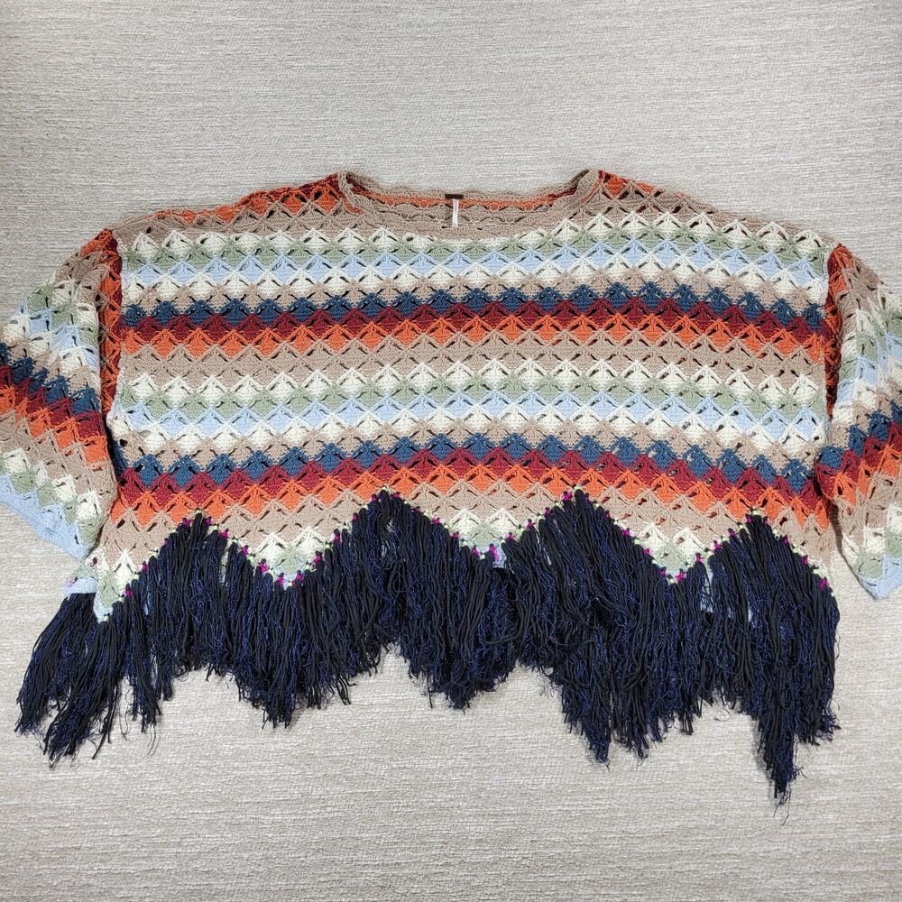 Free People XS Crochet Fringe Sweater Multicolor Boho Chevron Knit Oversized - Picture 5 of 16